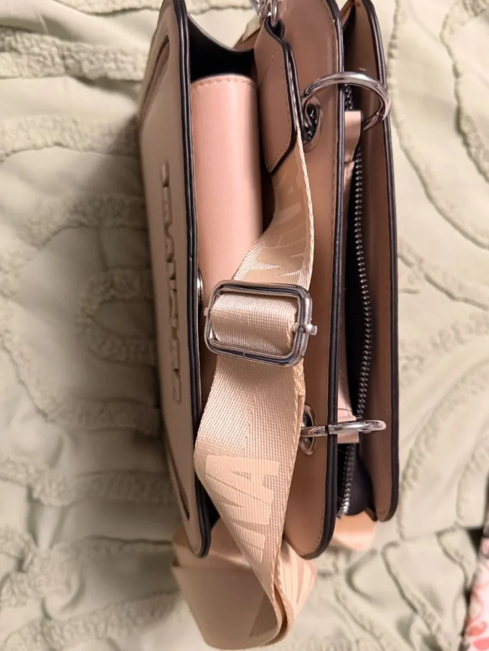 Milanchiva Women's Box Crossbody Camera Bag — Beige with Brown Trim